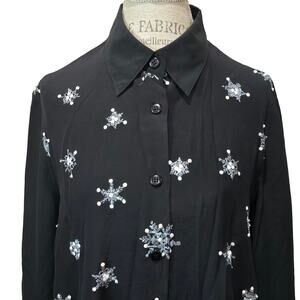 Vintage Diane Gilman Sequin Winter Snowflakes Long Sleeve Dress Blouse Top Shirt